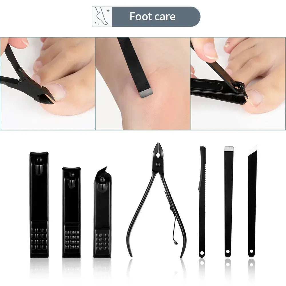 Sleek Black Stainless Steel Manicure and Pedicure Set with Nail Clippers, Scissors, and Trimmer in a Travel Case - GoGetIt.AI