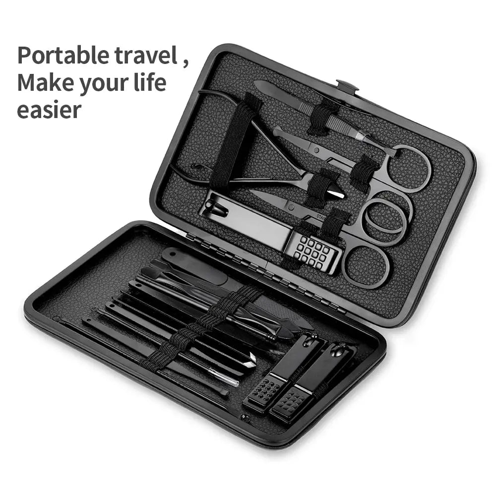 Sleek Black Stainless Steel Manicure and Pedicure Set with Nail Clippers, Scissors, and Trimmer in a Travel Case - GoGetIt.AI