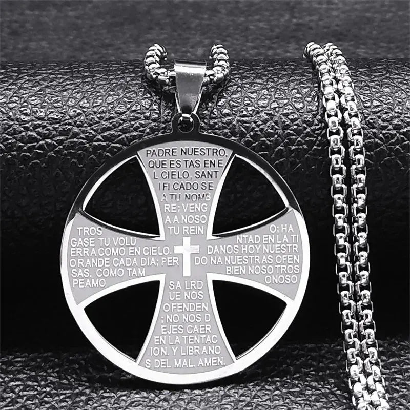 Spanish Stainless Steel Cross Pendant Necklace with Christian Bible Lords Prayer - Religious Jewelry - GoGetIt.AI