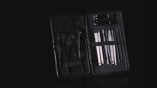 Sleek Black Stainless Steel Manicure and Pedicure Set with Nail Clippers, Scissors, and Trimmer in a Travel Case